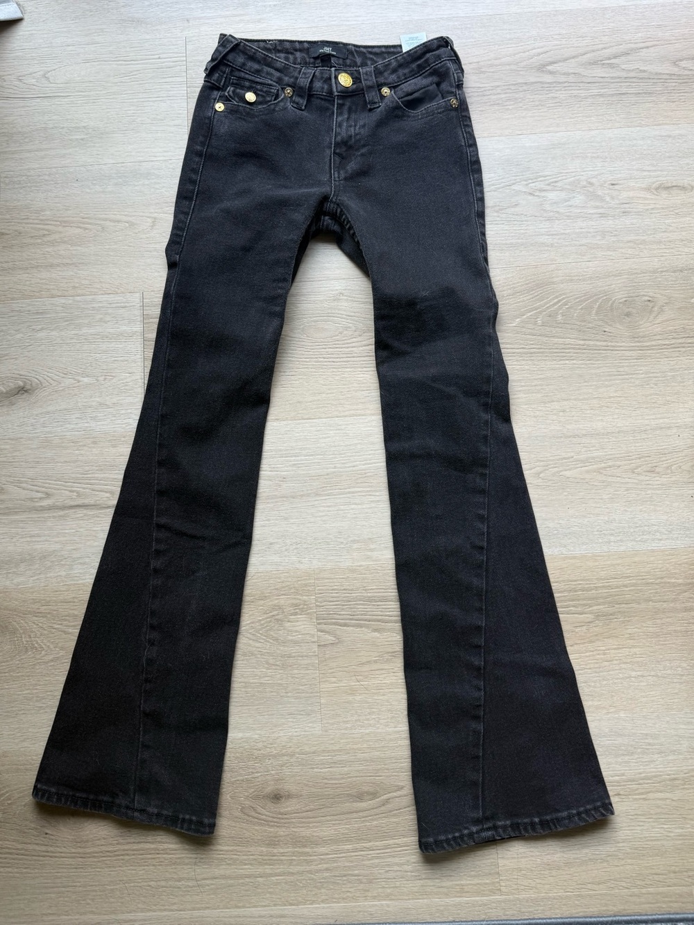 True Religion Joey Mid Rise Black Flare Jeans with Gold Hardware
